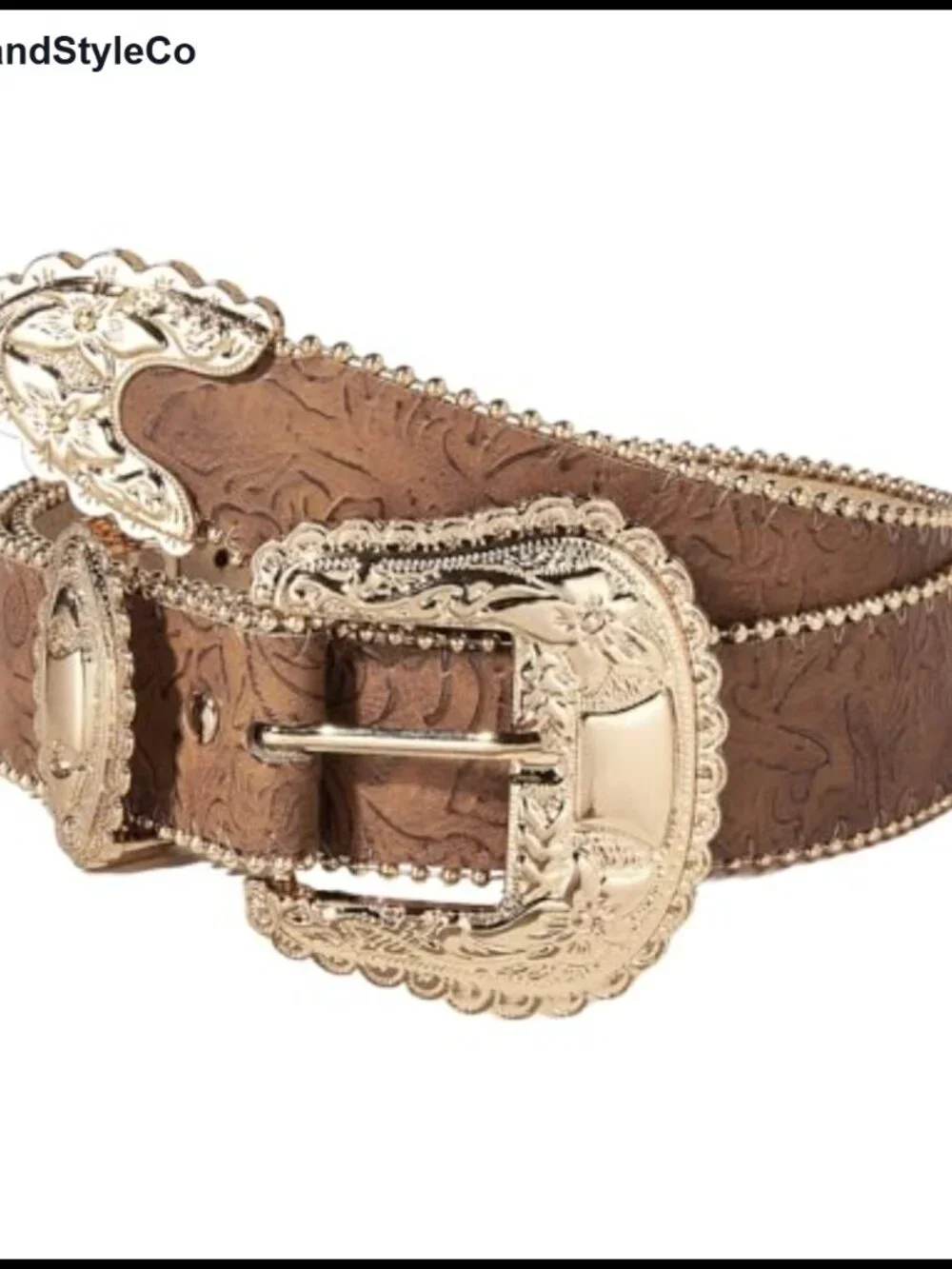 Gold Buckle Faux PU Leather Western Floral Belt